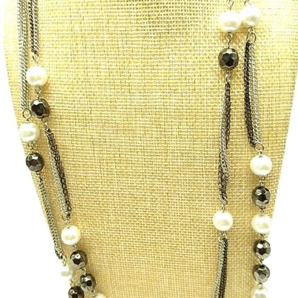 Express Bead Chain Necklace Long Faux Gray Pearls Black Beads on Layered Chains - Picture 6 of 15